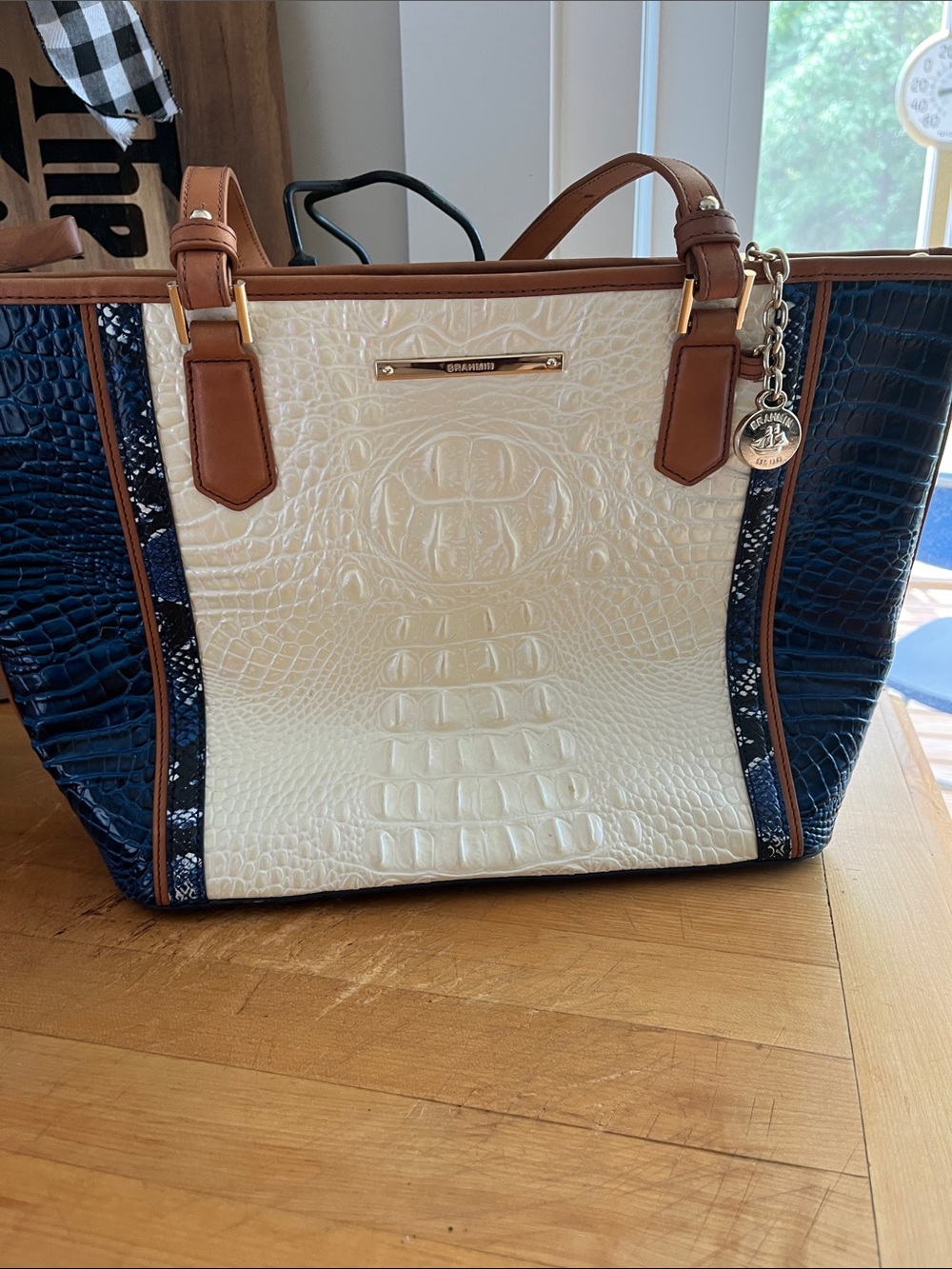 Brahmin Navy, Ivory & Tan Croc-Embossed Tote with Charm